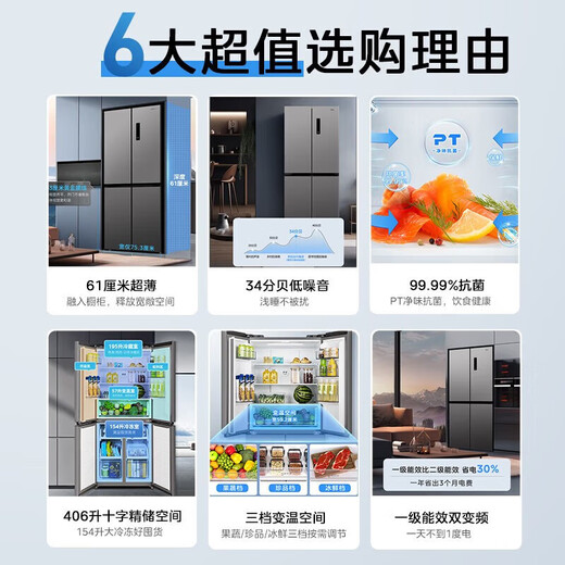 Midea Refrigerator 503 Upgraded Level 1 Energy Efficiency Air-cooled Frost-free Cross-Sided Four-Door Frequency Converter Dual System Dual-Cycle Large-Capacity Double-Door Household Refrigerator 20% Subsidy Midea Produces Hualing New Product 406 Liters Can Be Embedded