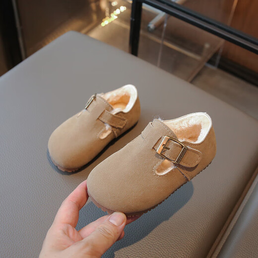 Children's Birkenstock shoes for girls 2025 spring, autumn and winter new style second cotton soft bottom baby bean plus velvet shoes single shoes leather shoes khaki color size 23 inner length 14.4cm