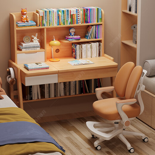Huixun solid wood children's study table liftable elementary school desk modern simple writing desk home desk chair set pink and white #desk + bookshelf 100cm*60cm*75cm total height 135cm