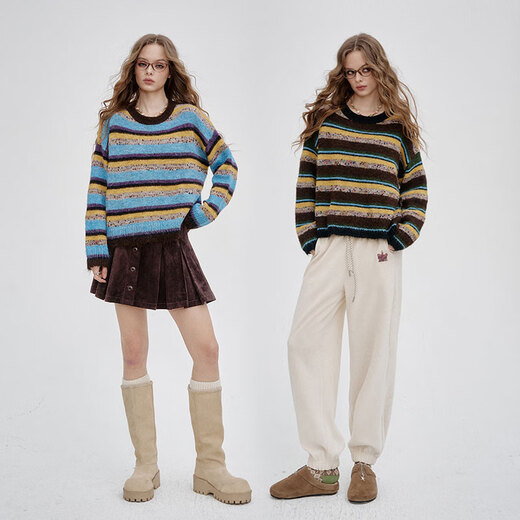 Fairy's Pocket Retro Striped Contrast Color Sweater Women's 2025 Autumn New Lazy Style Soft Waxy Wool Knitted Top Brown Stripe M