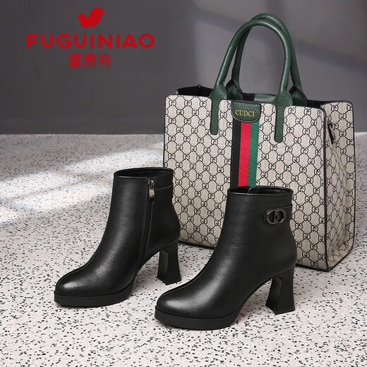 Fuguiniao genuine leather cowhide short boots for women autumn and winter metal decoration fashion boots temperament high heels women's boots black short velvet 37