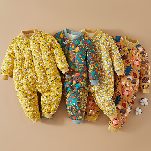 Mianguduo Children's Handmade Pure Cotton One-piece Harness Men's and Women's Thickened Warm One-piece Cotton Clothes Baby Harness Climbing Clothes Yellow Bottom Flowers 80 Codes (Suitable for 10-14 Months)