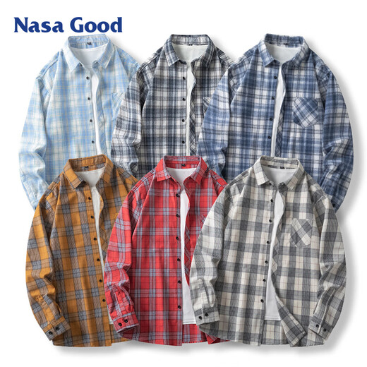 NASA GOOD long-sleeved shirt men's spring and autumn Korean style trendy plaid shirt youth casual loose jacket blue 2XL