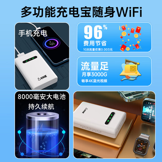 VHE Portable WiFi 2-in-1 Power Bank Mobile Wireless WiFi National Universal Traffic 4G Network Car Portable Hotspot Network Card Broadband Student Router 5G Home Use Extreme Edition丨Eight-core Four Channels丨Speed Up 750%
