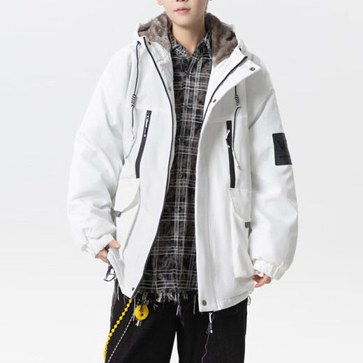 Teenage men's trendy autumn and winter workwear windproof jacket loose hooded jacket plus velvet thickened parka beige 4XL 195 size 180-200Jin Jin equals 0.5 kg