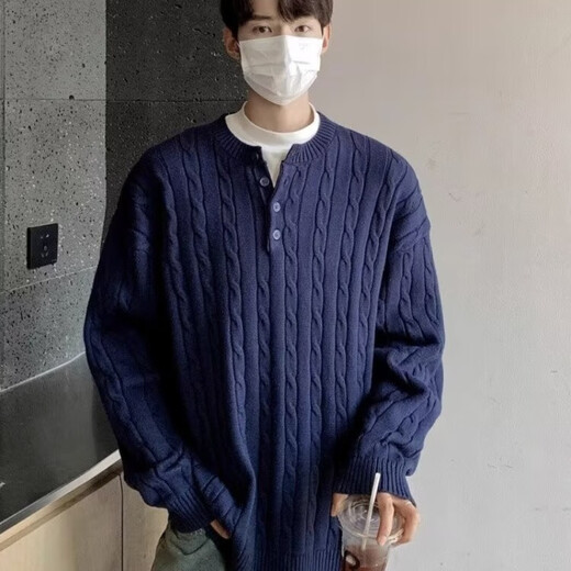 Nanzihan Autumn and Winter Korean Fashion Henley Collar Heavy Knitted Sweater Men's Twist Sweater Loose Lazy Style Warm Top Trendy Gray L