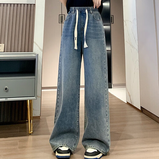 ZHOUYOU large size pear-shaped floor-length jeans for women in autumn and spring for fat girls 200Jin Jin is equal to 0.5kg loose slimming wide-leg straight pants 8820 blue plus velvet 3XL