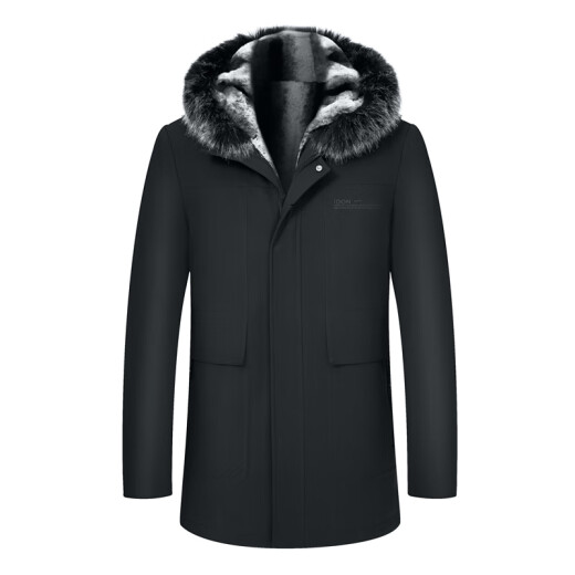 Pierre Cardin Light Luxury High-end Men's Mid-length Jacket Removable Imitation Rabbit Velvet Liner Fox Fur Collar Parka Men's Jacket Black T-E71-Rex Rabbit Fur 170/M