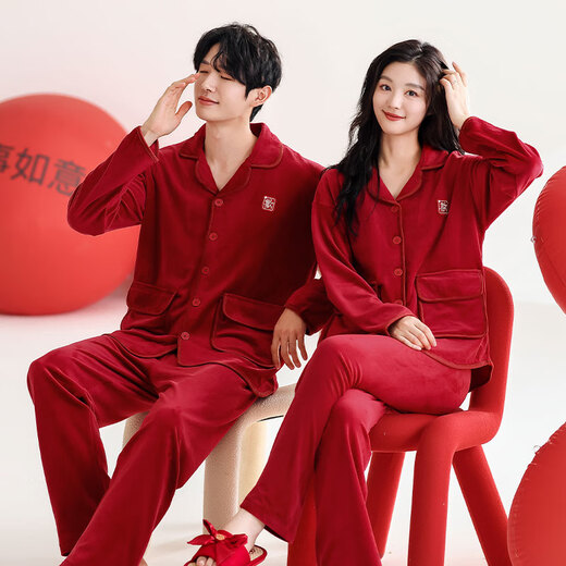 Yalu Couple Pajamas Red Suit Newlywed Men and Women Married in the Year of the Zodiac in Winter Island Velvet Plus Velvet Autumn and Winter Small People