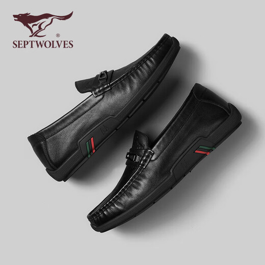 SEPTWOLVES first-layer cowhide bean shoes men's shoes men's autumn business casual leather shoes men's slip-on loafers black 42