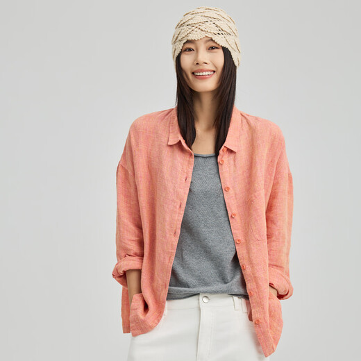 无色无味童趣伊甸园 25年秋冬新品休闲色织亚麻长袖 衬衫 女装 上衣 桔色 M （36）