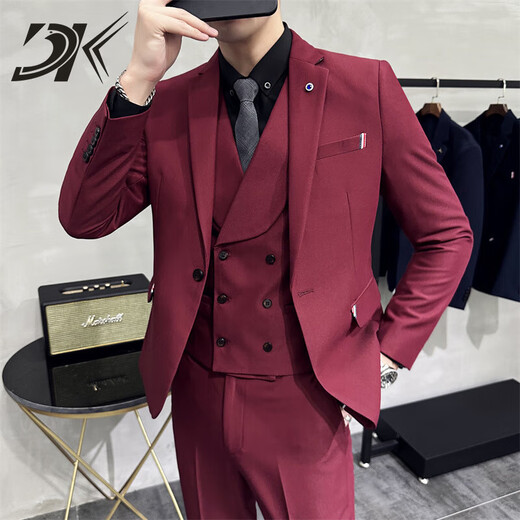 DK brand men's suit suit men's autumn high-end three-piece Korean version slim business casual professional small suit black suit + pants come with tie + bow tie + belt S