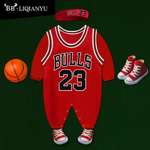 Hao Mu Lei Tencent Sports Children's Basketball Uniforms Newborn Baby One-piece Clothes Newborn Baby Romper Suit Spring and Autumn Long Sleeve Long Sleeve Big Red 23 Basketball One-piece Suit 59 Size