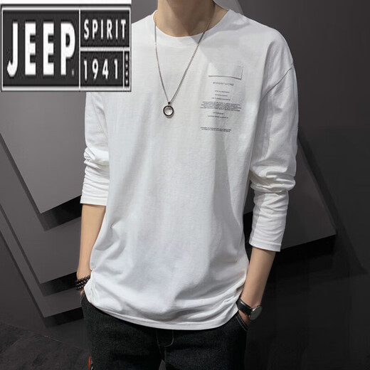 JEEP SPIRIT Langarm-T-Shirt Herren Herbst und Sommer neues trendiges, lockeres, dünnes Bodenshirt Herren Rundhals neues Produkt 643 Bohnengrün + 692 Grau 2 Stück insgesamt 3XL