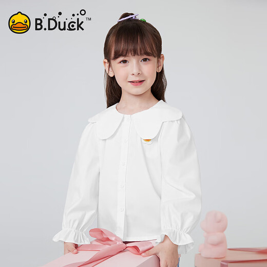 B.Duck little yellow duck children's clothing girls white shirt spring and autumn new children's cute lapel long-sleeved shirt white 105 cm