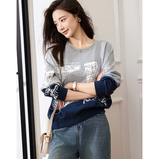 Demana Fashionable Gradient Casual Sweatshirt Spring and Autumn Cotton Round Neck Loose Slightly Elastic Sweatshirt Women's Top Heather Gray S