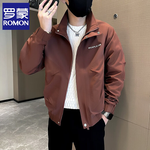 ROMON high-end workwear jacket men's autumn and winter trendy brand handsome embroidered jacket men's new velvet top men's coffee color regular L recommended 115-130Jin Jin equals 0.5 kg