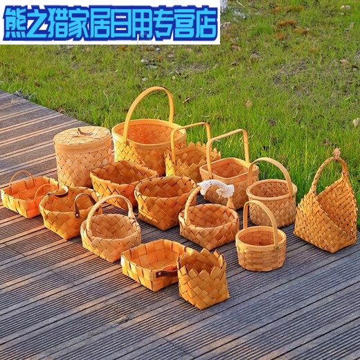 千团精工田园风木片手工编织篮子水果零食面包蔬菜姜蒜野餐竹编手提篮花篮 木片长方形篮::小号