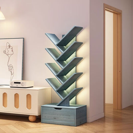 Solid wood bookshelf floor-standing wall storage shelf living room home simple creative tree-shaped student bedroom layered shelf main picture 8-layer pastoral oak color high 100cm