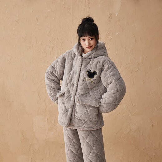 Kiss Cat Hooded Warm Velvet Couple's Quilted Pajamas Women's Winter Three-Layer Thickened Men's Suit Home Clothes Outerwear 164 Tea Brown Men 2XL