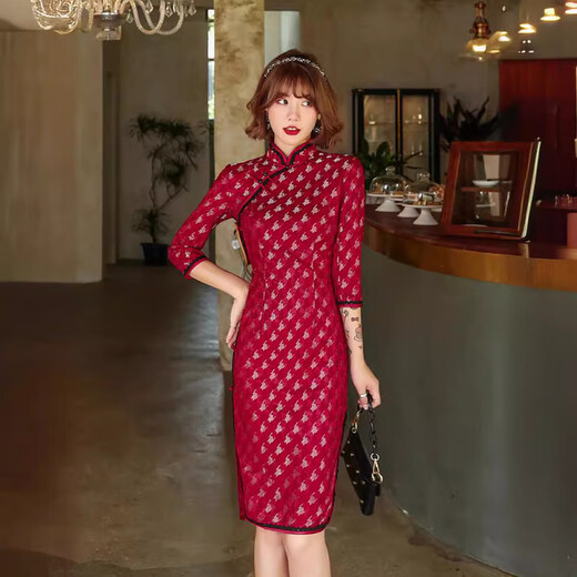 2025 New Summer and Autumn Improved Cheongsam Mid-sleeve Short Lace Retro Slim Flower Dress Slit Sexy Slim E0002-2 Chidori Burgundy 2XL Recommended 130-140Jin Jin is equal to 0.5 kg