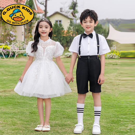 G.DUCKKIDS Children's Day Chorus Costumes Girls Dance Tutu Skirt Boys Dress Primary School Graduation Performance Costumes Boys White Shirt + Black Shorts + Suspenders + Bow Tie + 120