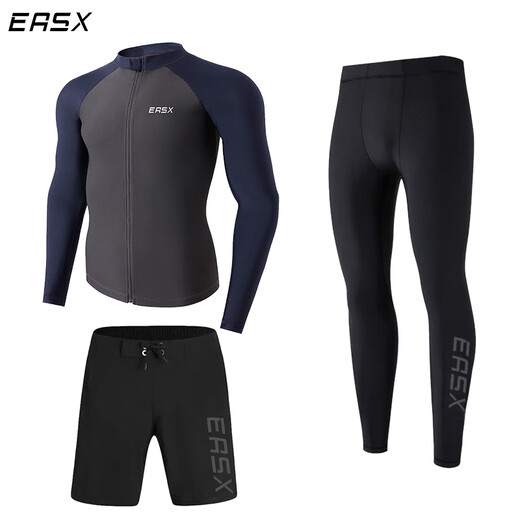 He Jiagong swimsuit men's long-sleeved surfing suit sun protection two-piece diving suit snorkeling sun protection jellyfish suit two-piece large size meteor blue zipper chain + black long shorts set M 100-120Jin Jin is equal to 0.5 kg