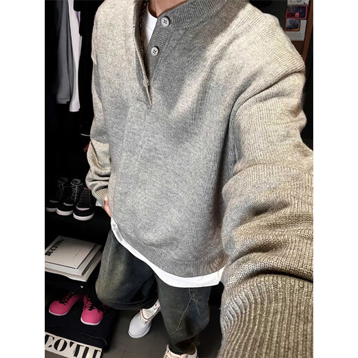 Katuchi American Henry collar sweater for men in spring and autumn, lazy trendy brand cleanfit inner bottoming sweater trendy jacket, light gray XL recommended 120-140Jin Jin equals 0.5 kg