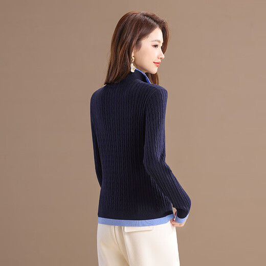 Qianbai Nian Fashionable Stand Collar Fake Two-Piece Wool Sweater Women's Autumn and Winter New Contrast Color Design Bottoming Pullover Sweater Green XL