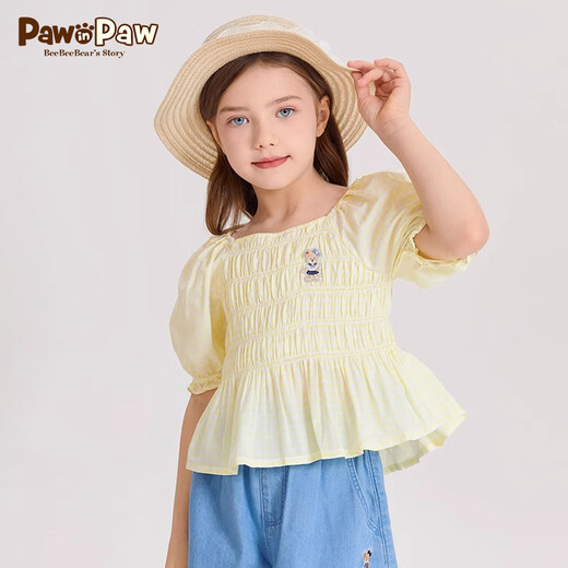 PawinPaw Cartoon Bear Children's Clothing Spring and Summer Girls Puff Sleeve Short Sleeve Shirt Sweet and Cute Yellow/30 110