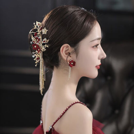 Shengli New New Chinese Style Red Velvet Flower Tassel Headdress Bride Xiuhe Clothing Ancient Style Walking Toast Clothing Hair Accessories Ancient Style Hanfu Headdress Set Ear Hook Style