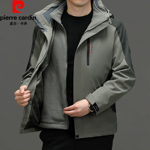 Pierre Cardin three-proof jacket men's three-in-one detachable outdoor winter velvet thickened windproof and waterproof jacket gray green velvet 3213 three-in-one 180/XL suitable for weight 140-160Jin Jin equals 0.5 kg