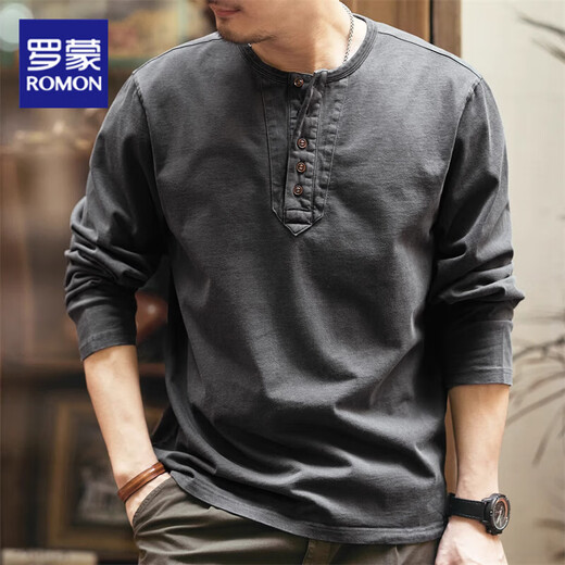 ROMON high-end retro long-sleeved T-shirt men's spring and autumn loose new pure cotton tough guy Henry collar bottoming shirt top men's charcoal gray L suitable for 140-160Jin Jin equals 0.5 kg