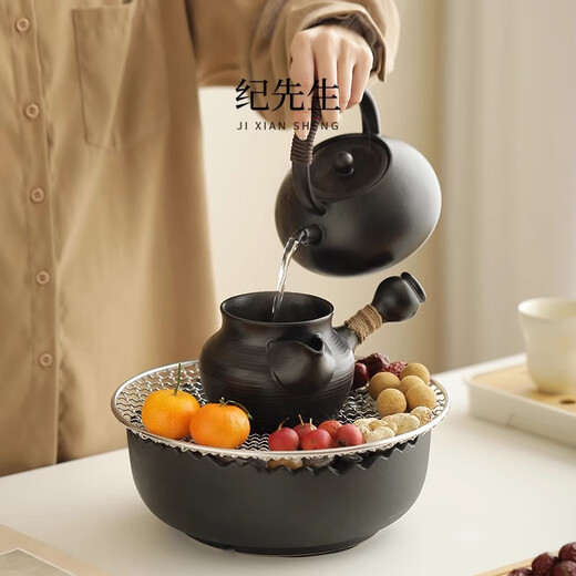 Mr. Ji cooks tea by the stove indoor household teapot electric ceramic stove gift box as a birthday gift for friends, elders, parents and teachers. Full cover side handle pot Yahei + Xiaoqu electric ceramic stove Yahei + 4 gourd cups in white gift box