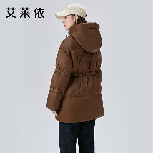 Ai Lai Goose Down Down Jacket Feminine Fashion Short Drawstring Waist Hooded Jacket Winter Honey Tea Brown 155