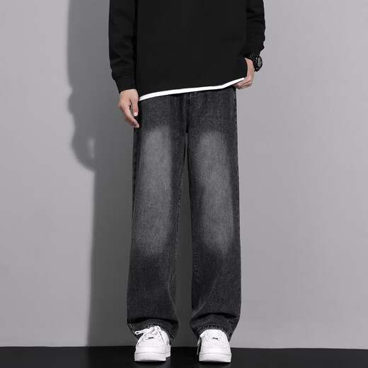 MAYBEYOND jeans men's American fashion brand high street workwear straight pants loose casual wide leg pants MA46 smoke black L