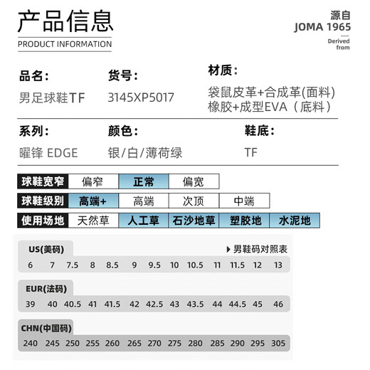 JOMA kangaroo leather football shoes men's TF broken nails anti-slip wear-resistant professional football training shoes silver 42