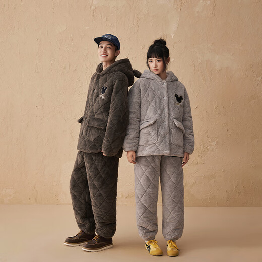 Kiss Cat Hooded Warm Velvet Couple's Quilted Pajamas Women's Winter Three-Layer Thickened Men's Suit Home Clothes Outerwear 164 Tea Brown Men 2XL