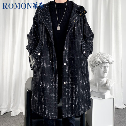 ROMON men's windbreaker mid-length black coat high-end coat business long autumn and winter men's black XL