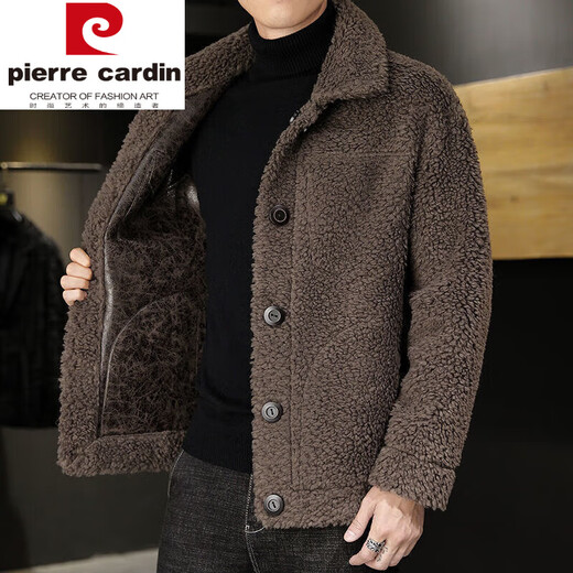 皮尔卡丹（pierre cardin）秋冬季男士皮毛一体外套港风新款羊羔绒可两面穿翻领夹克修身上衣 咖啡色 [两面穿款] M