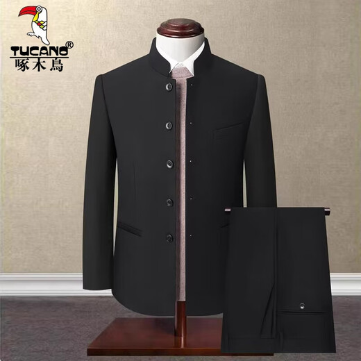 Woodpecker Spring and Autumn Chinese Style Chinese Stand Collar Suit Mao Suit Men's Middle-aged Slim Tang Suit Men's Middle-aged Dad's Suit Pure Navy Blue Style 175A 140-156Jin Jin is equal to 0.5 kg