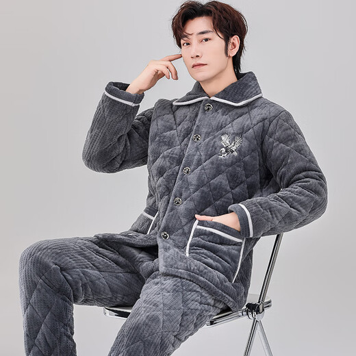 轩朵淇男士睡衣秋冬季加厚加绒珊瑚绒三层夹棉保暖中青年家居服套装冬款 C9901#黑灰色男【牛奶绒】 L(100-125斤)三层加厚
