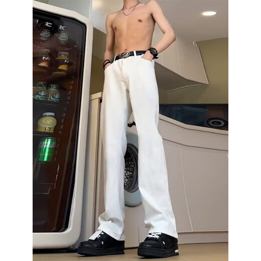 迪伽达 白色牛仔裤男士宽松秋季新款美式高街高腰窄版微喇显瘦裤子男 HCFS-2076白色 2XL