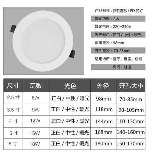 Маньин светодиодный потолочный светильник высокой мощности, ультратонкий коммерческий бытовой потолочный светильник 2,5 дюйма, 3 дюйма, 4 дюйма, 6 дюймов, 8 дюймов, открывающийся светильник, встроенный свет, 2,5 дюйма, 7 Вт, белый свет, отверстие 65-85 мм