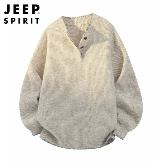 JEEP SPIRIT Jeep American style lazy style sweater men's autumn and winter Henley collar casual sweater jacket oatmeal gray XL