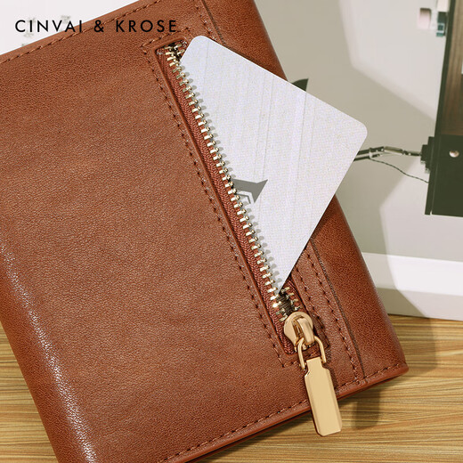 CinvaiKrose真皮短款钱包女士2025新款防盗锁扣简约卡包钱夹生日礼物送女友 棕色