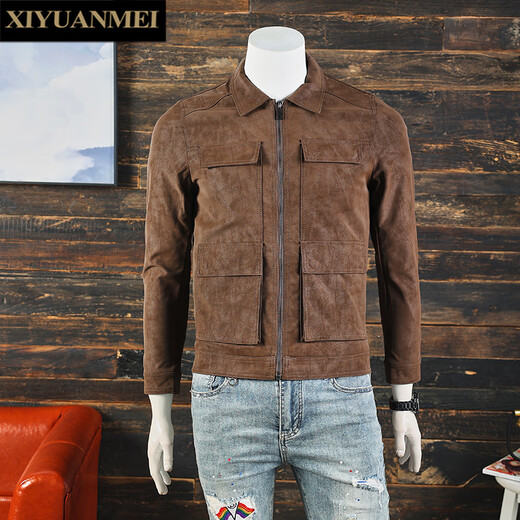 Nishihara Beauty Fashion Brand Fashion Multi-Pocket Lapel Leather Jacket Men's Jacket 2024 New European Slim Fit Versatile Leather Jacket Trendy Khaki L