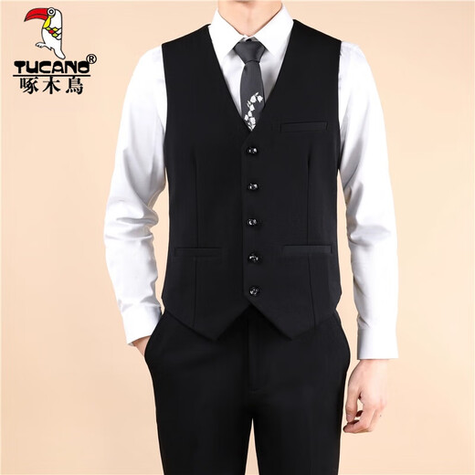 Woodpecker (TUCANO) Suit Men's Interview Slim Business Formal Casual Korean Style Blazer Groomsmen Grooms Wedding Evening Dress Black 03 Double Button Turn-Up Pocket Two-piece Set 3XL (Please note height and weight when ordering white shirt)