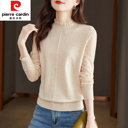 Pierre Cardin Spring y Autumn Sweater Fino de manga larga para mujeres Corto de otoño e invierno 2025 Nuevo camisa base de encaje interior Medio cuello de tortuga 1396 beige M [90-105Jin [Jin equivale a 0.5 kg]]