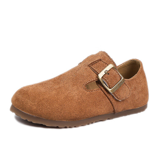 Girls' Shoes Retro British Birkenstock Shoes 2025 Autumn New Girls Soft Sole Princess Small Leather Shoes Peas Single Shoes Yellow Brown 30 (Inner Length 18.2cm)